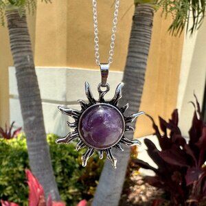 NEW Amethyst Sun Necklace Amethyst Sun Pendant w Silver Plated Chain